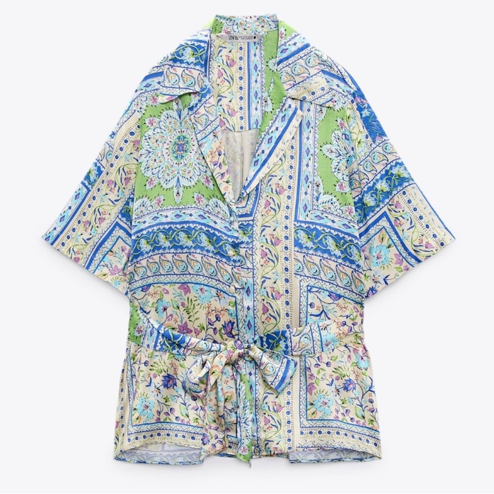 ZARA satin paisley patchwork belted print blouse